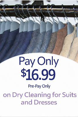 Dry cleaning offer: “Pay Only $16.99” for suits and dresses, with clothes on hangers.
