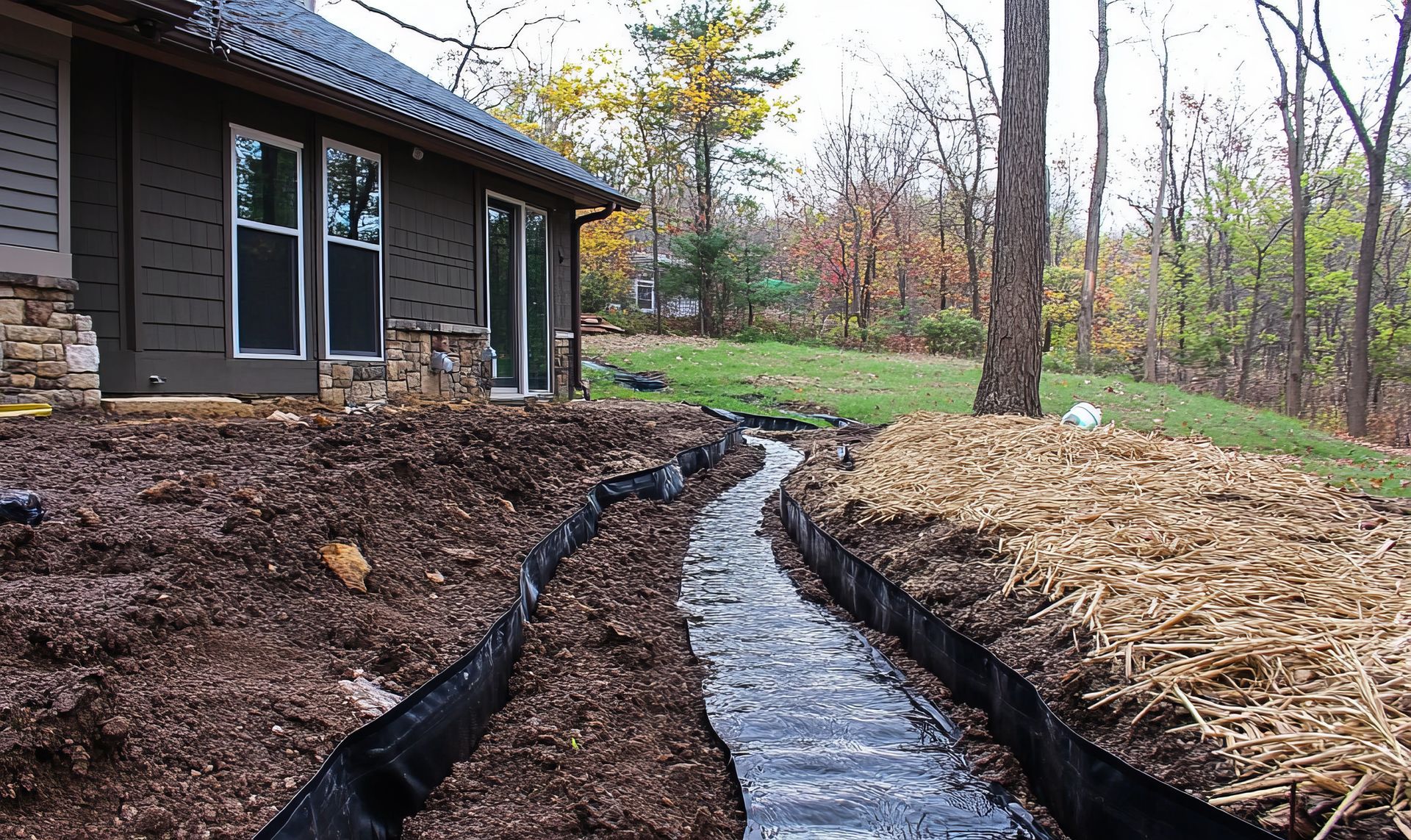 Une maison avec un ruisseau qui la traverse devant elle