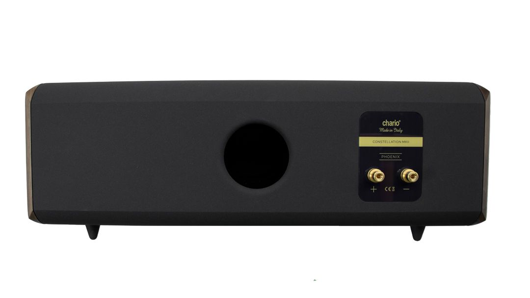 The back of a black speaker on a white background.