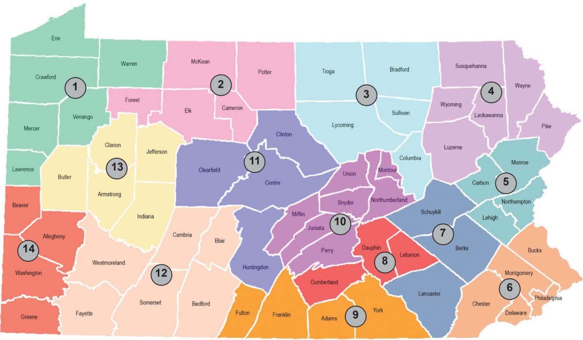 A map of the state of pennsylvania divided into regions of service