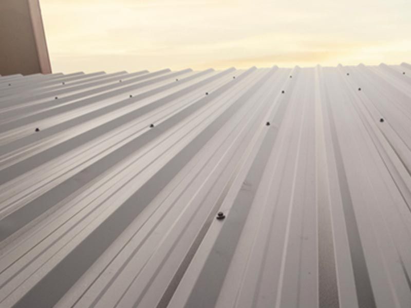 A close-up view of a white, corrugated metal roof with visible screws against a soft, bright sky.