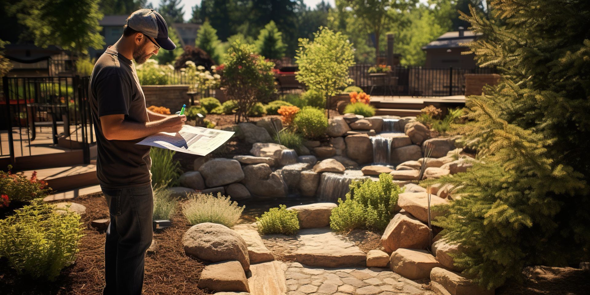 A landscape architect sketching a backyard design with a waterfall, surrounded by plants and trees.