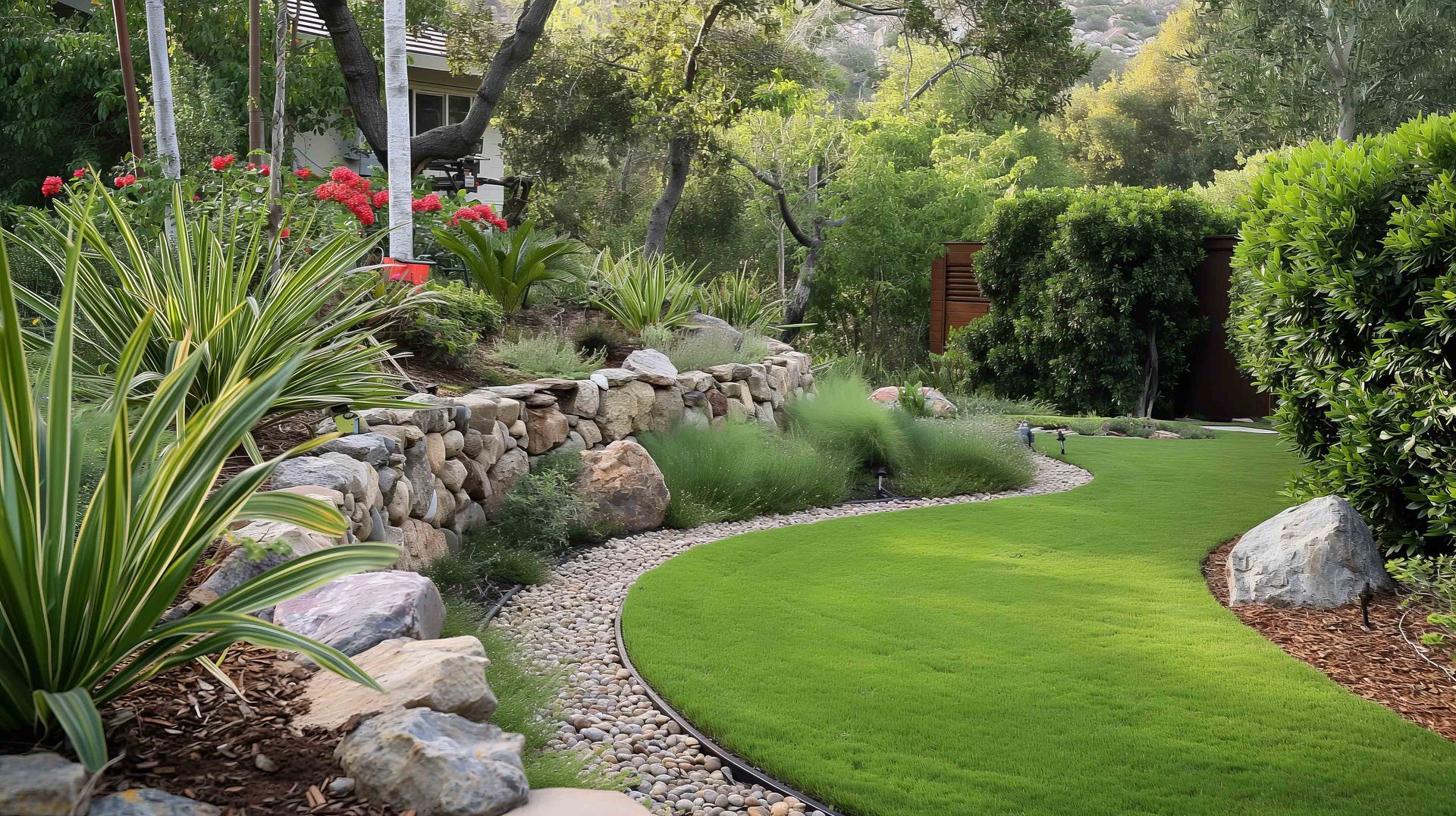 Professionally designed garden with curved lawn, stone retaining wall, and lush plantings.