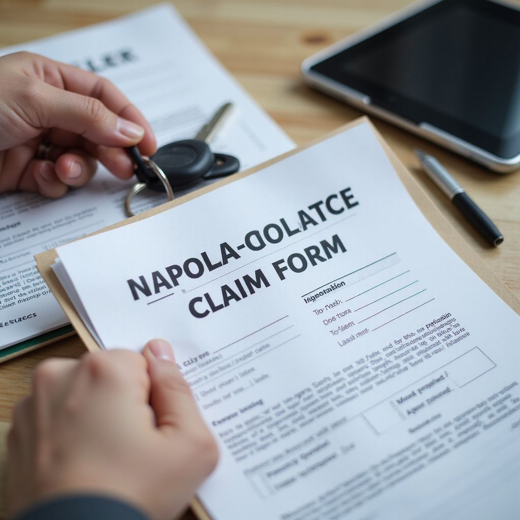 Hands holding car keys over a claim form, with a tablet and pen on a wooden surface.