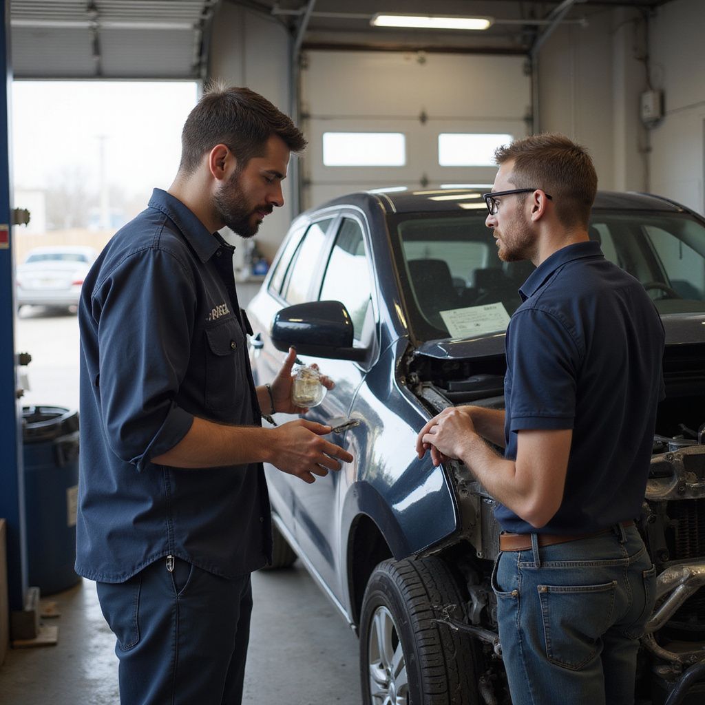 Two mechanics discuss damage to a dark blue SUV in a garage.