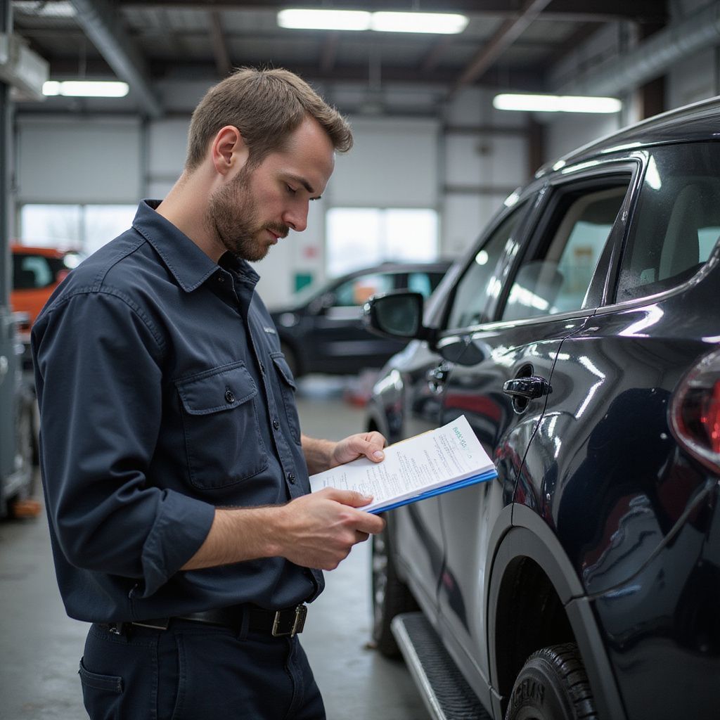 Mechanic in blue uniform inspects car, holding clipboard, in a garage.