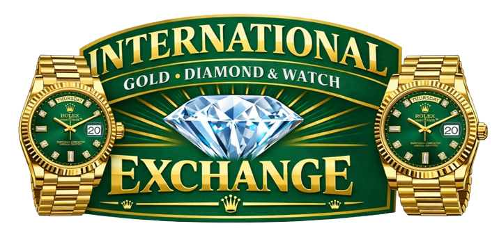 Logo for International Gold, Diamond, and Watch Exchange, featuring a diamond, two gold watches, and text on a green background.