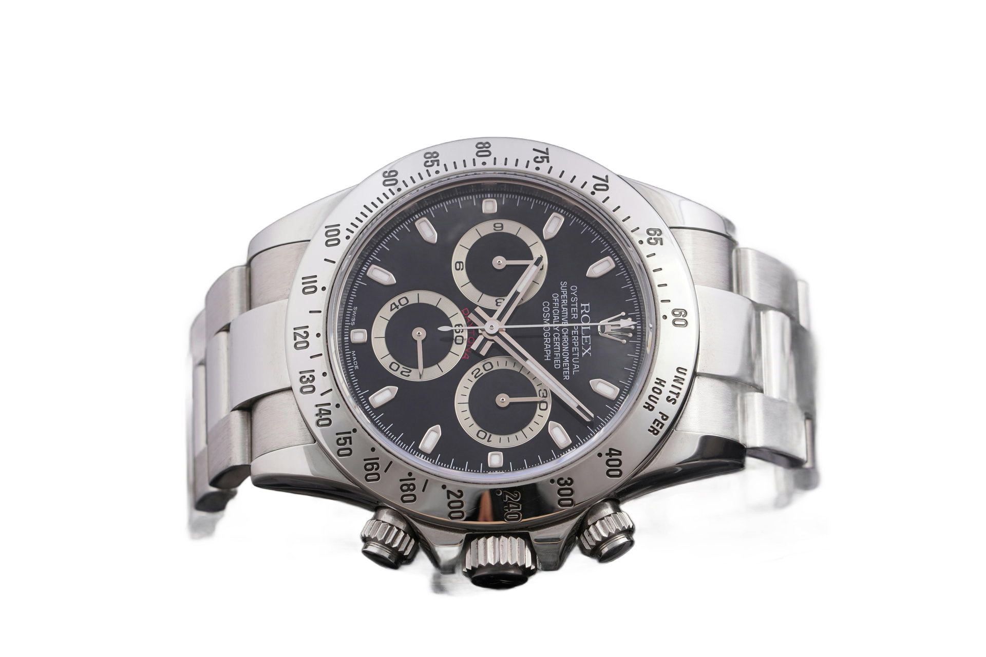 Stainless steel wristwatch with black dial and three sub-dials.