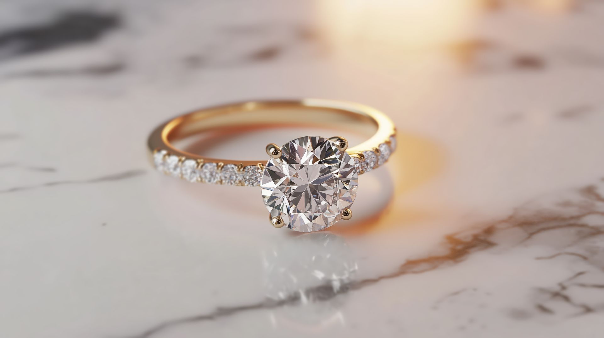 Gold engagement ring with a round diamond center stone and diamond-studded band, on a marble surface.