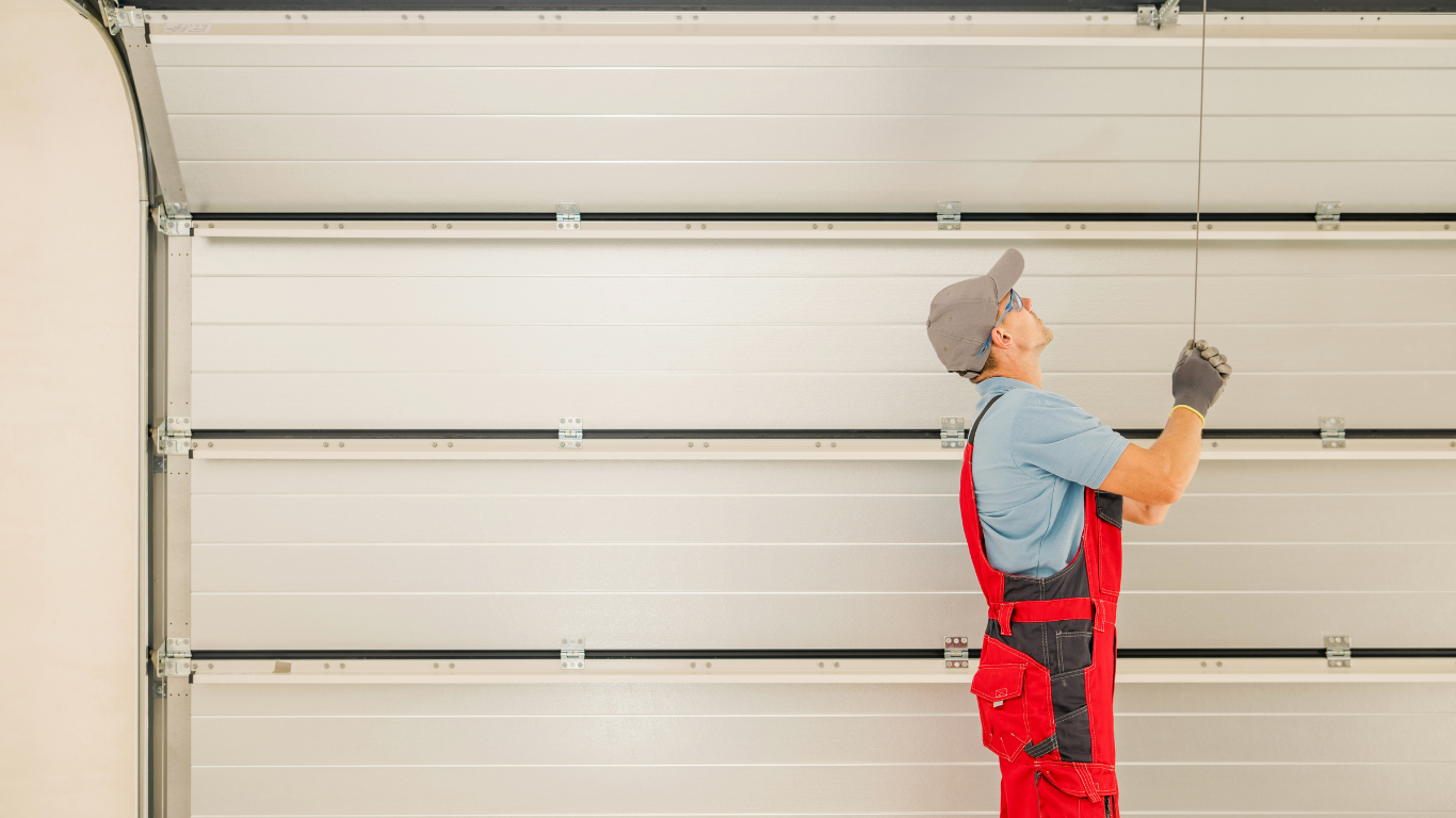 A man is installing a garage door in a garage.