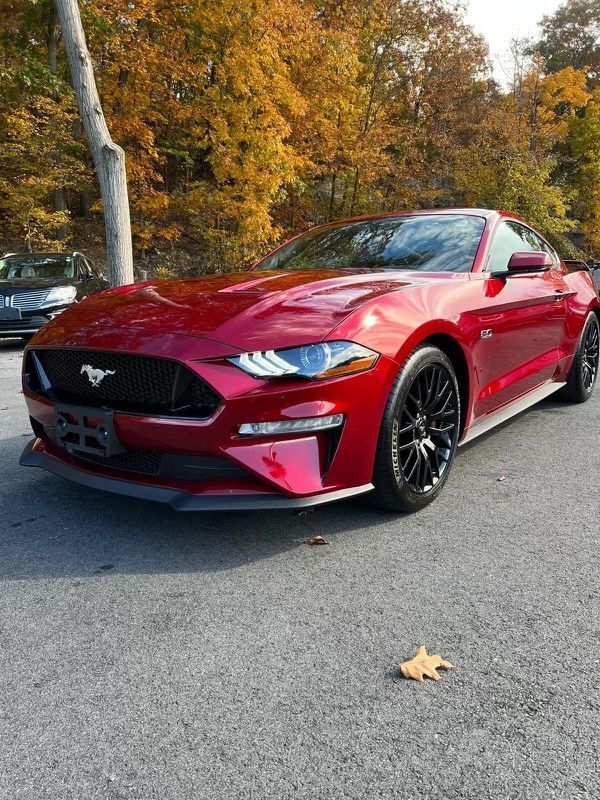 A red mustang is parked in a parking lot with trees in the background.