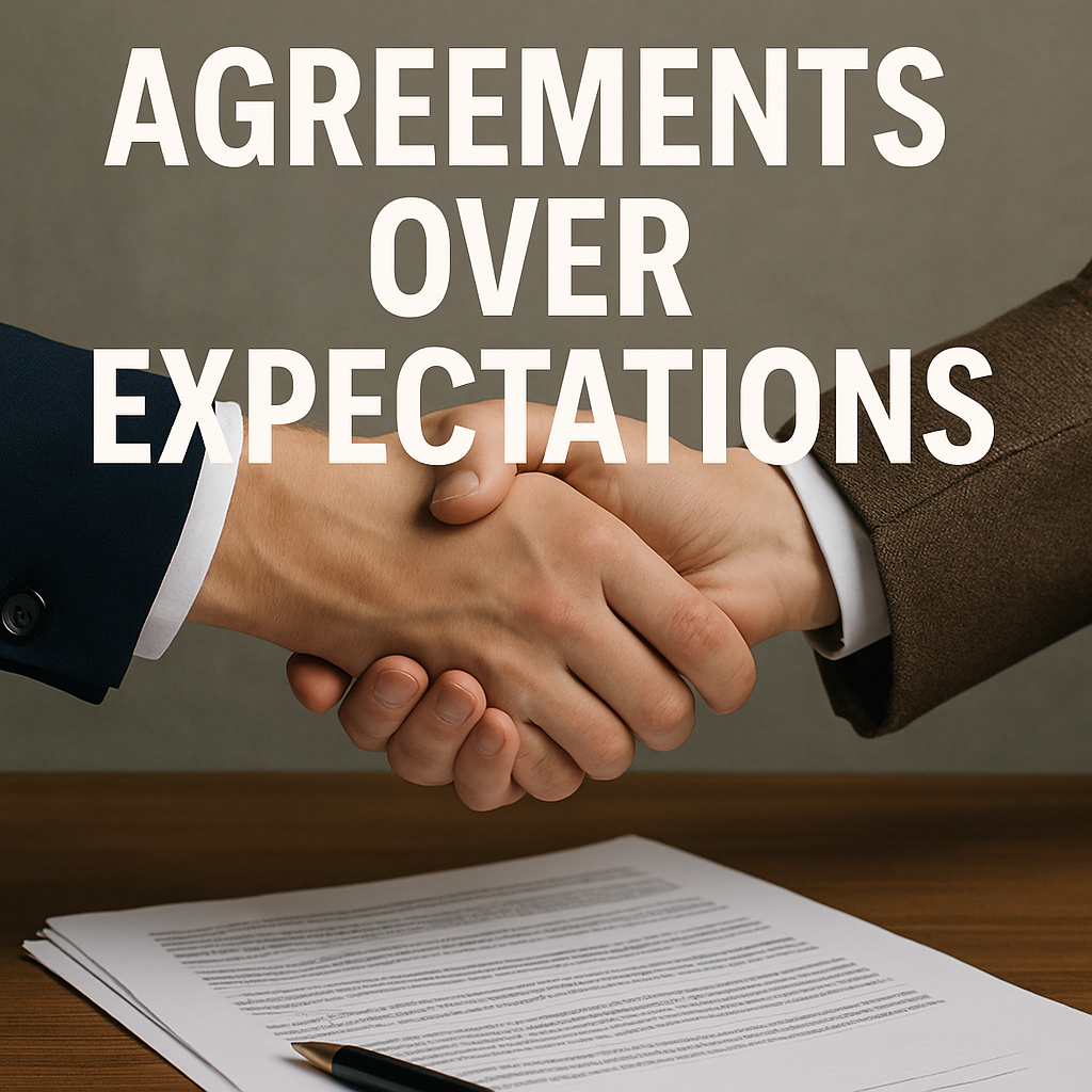 Two people shaking hands with the words agreements over expectations above them