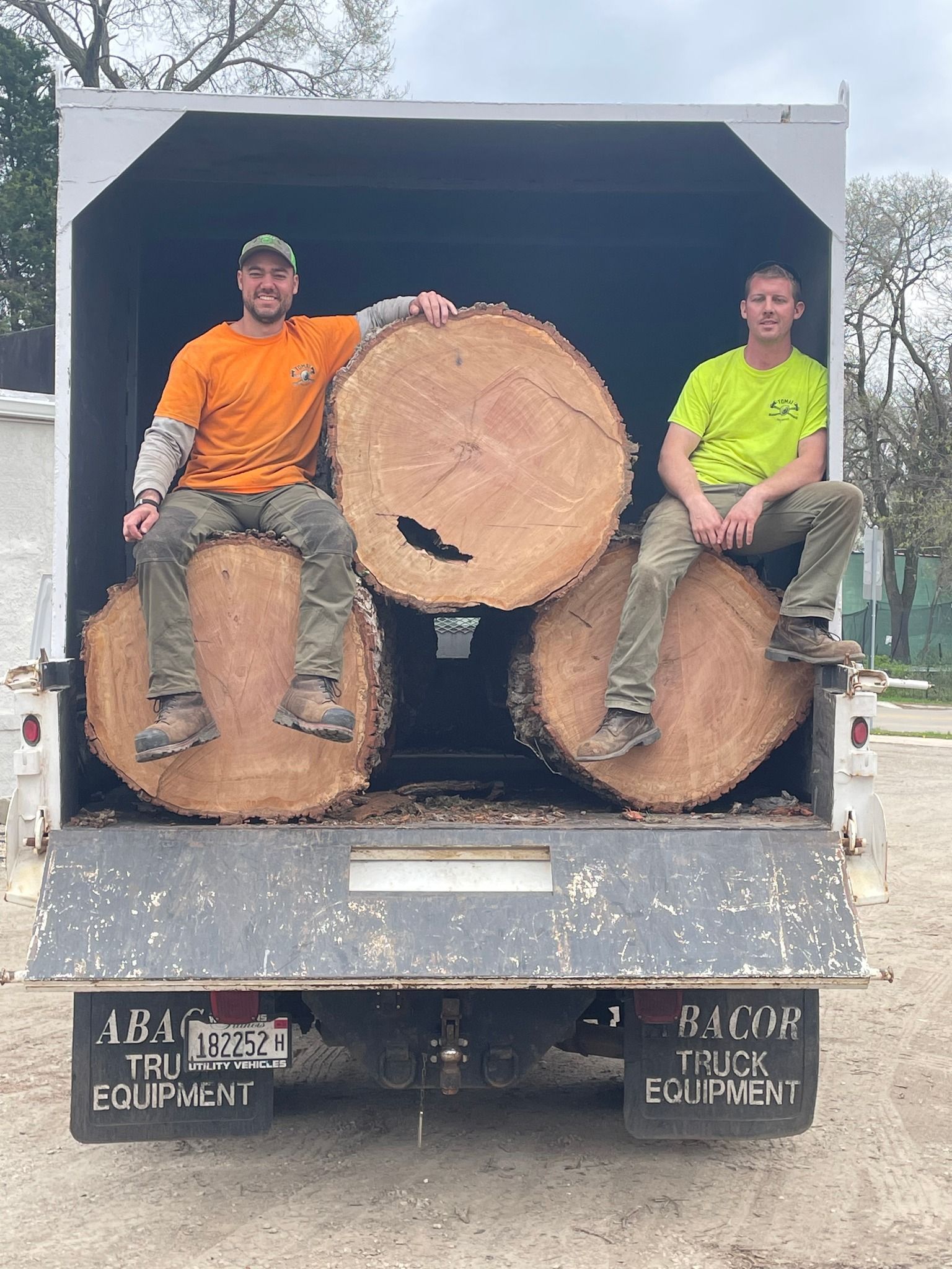 Two men are sitting on logs in the back of a truck.