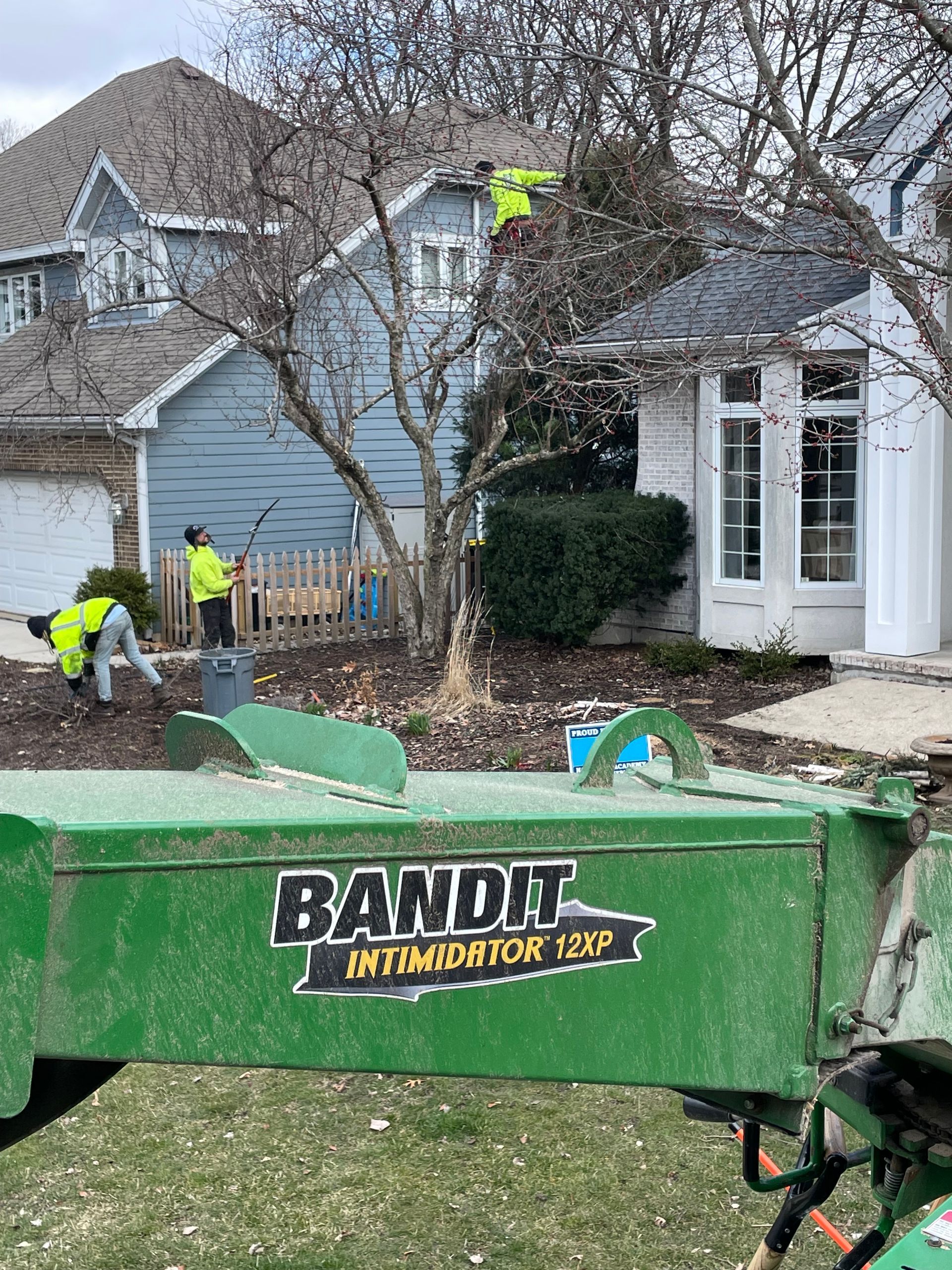 A green bandit tree chipper is parked in front of a house.