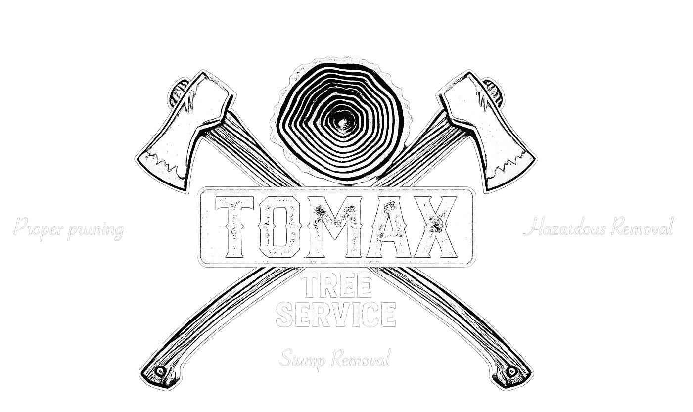 A black and white logo for tomax tree service