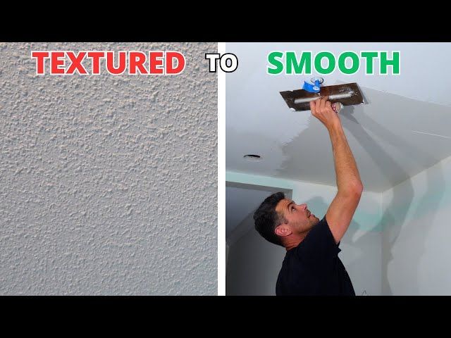 Before and after image of popcorn ceiling removed revealing a smooth modern finish.