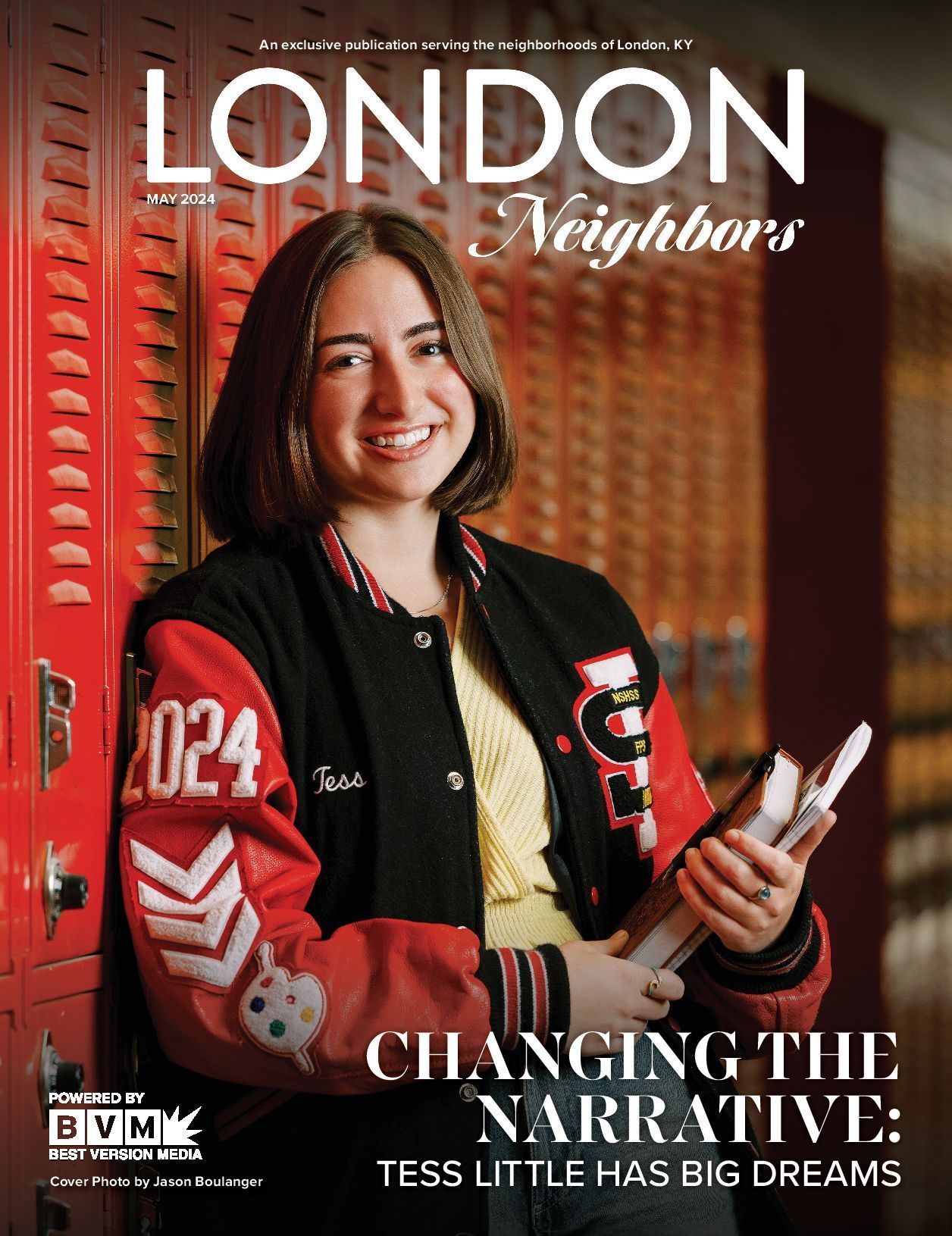 Teen smiles, holding books, wearing a letter jacket; standing by red lockers. Magazine cover 