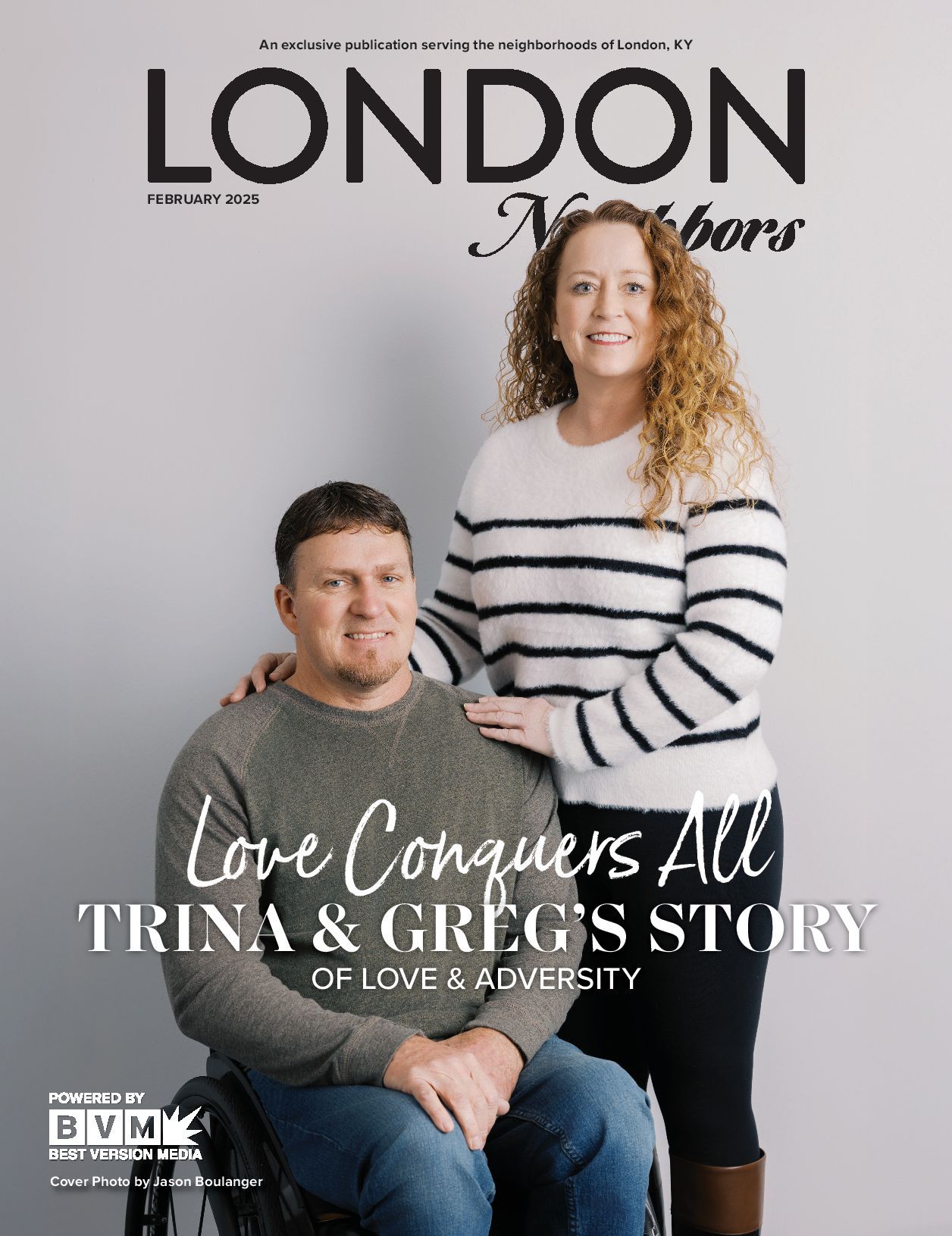Couple poses, man in wheelchair, woman's hand on his shoulder. Magazine cover 