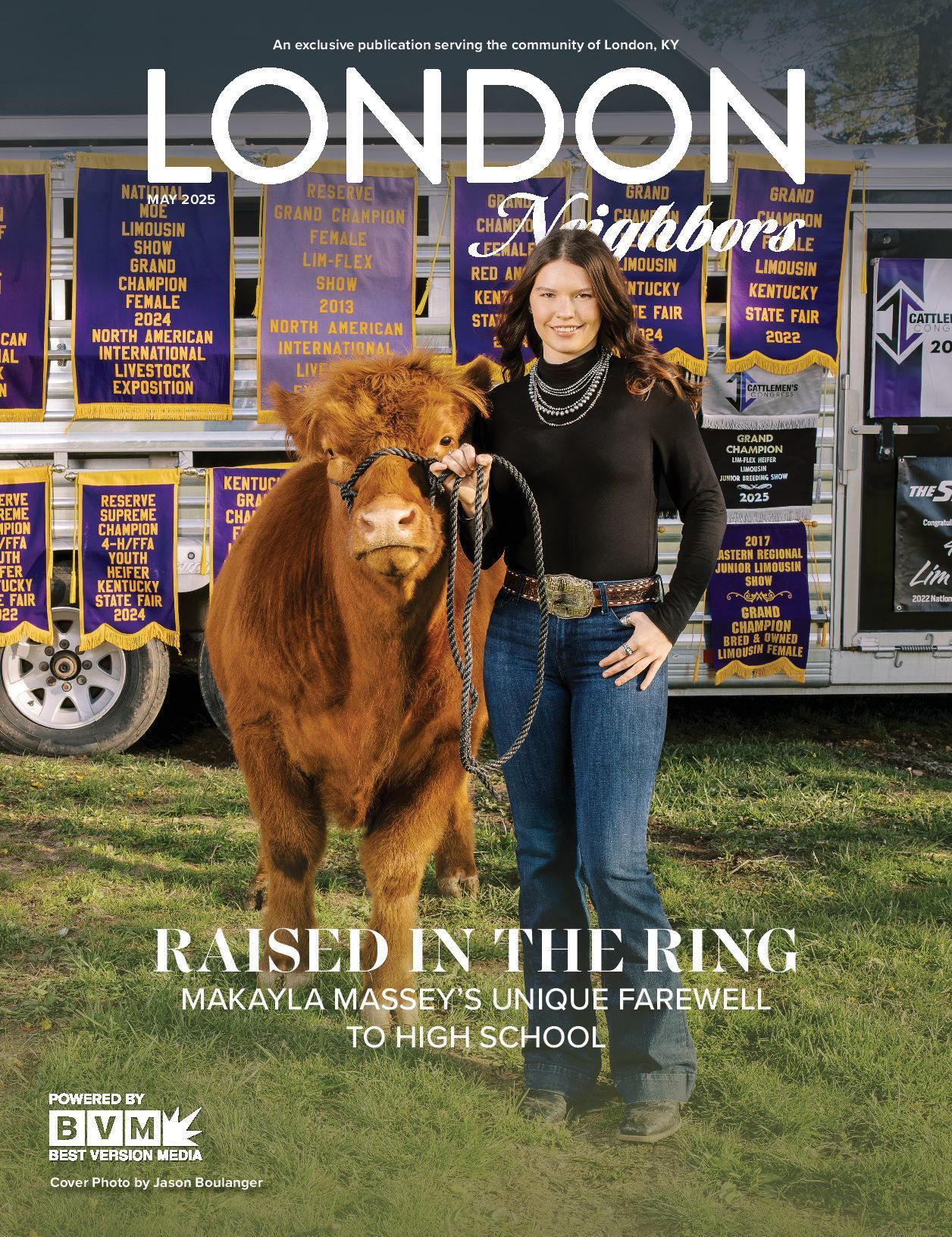 Magazine cover: Woman with a brown cow in front of a trailer; 