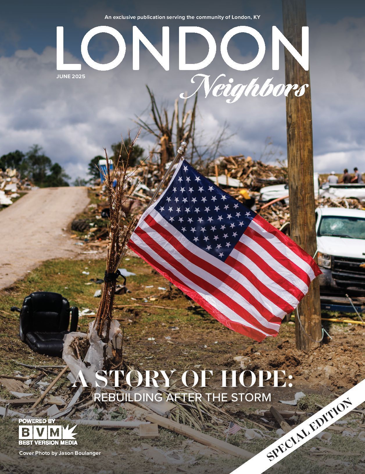 US flag amid storm debris; 
