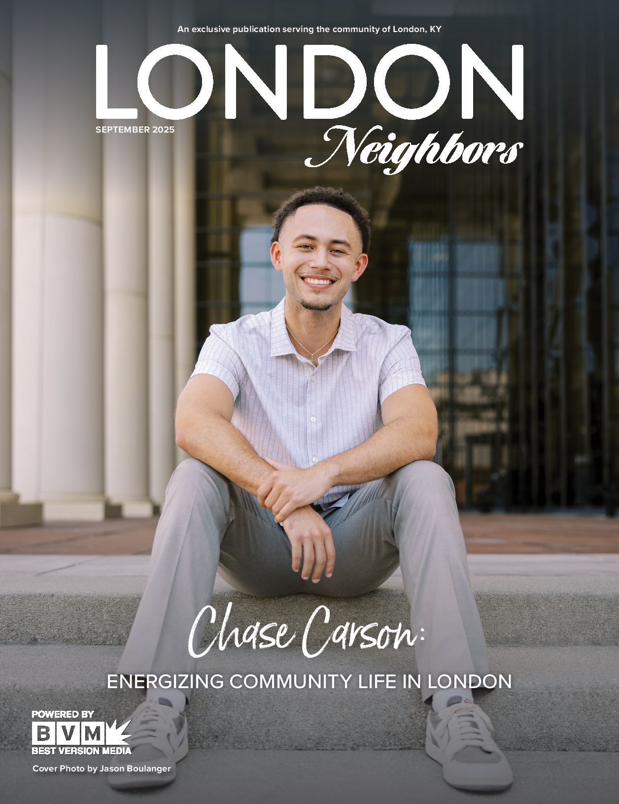 Magazine cover with Chase Carson, smiling, sitting on steps. 