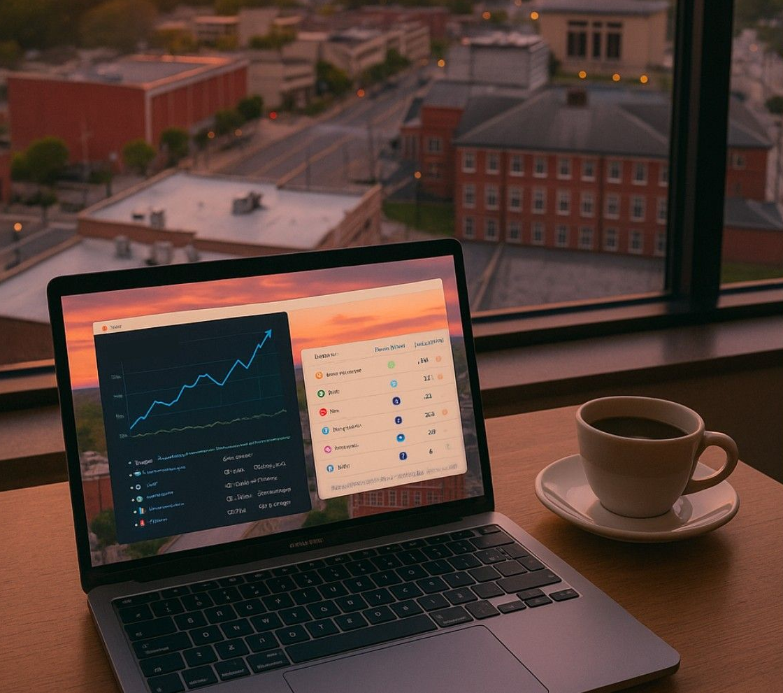 Laptop displaying graphs with a cup of coffee on a table, city view in background.