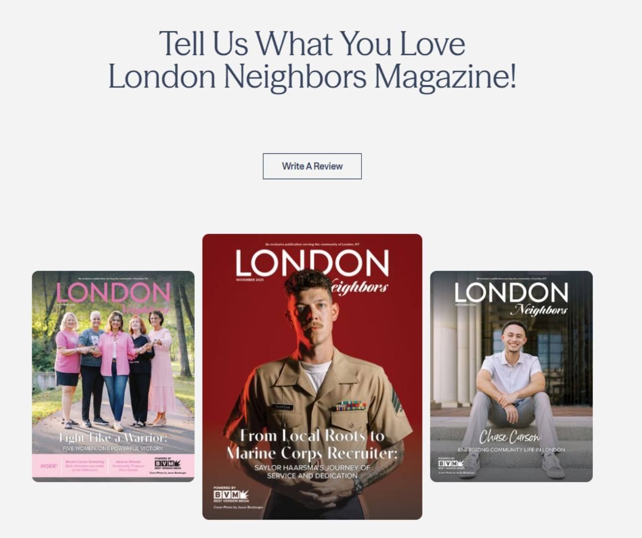 Three London Neighbors magazine covers. Each features a person or group with red and white branding.