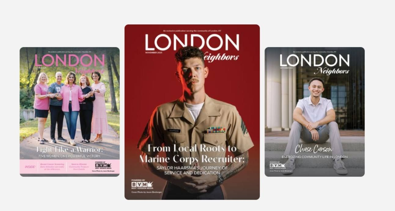 Three magazine covers: women posing, Marine recruiter, man seated outdoors.