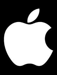 White Apple logo on a black background, with a bite taken out of the right side.