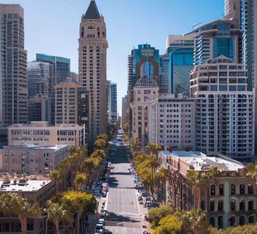 An aerial view of a city with lots of tall buildings