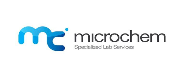 The logo for microchem specialized lab services is blue and black.