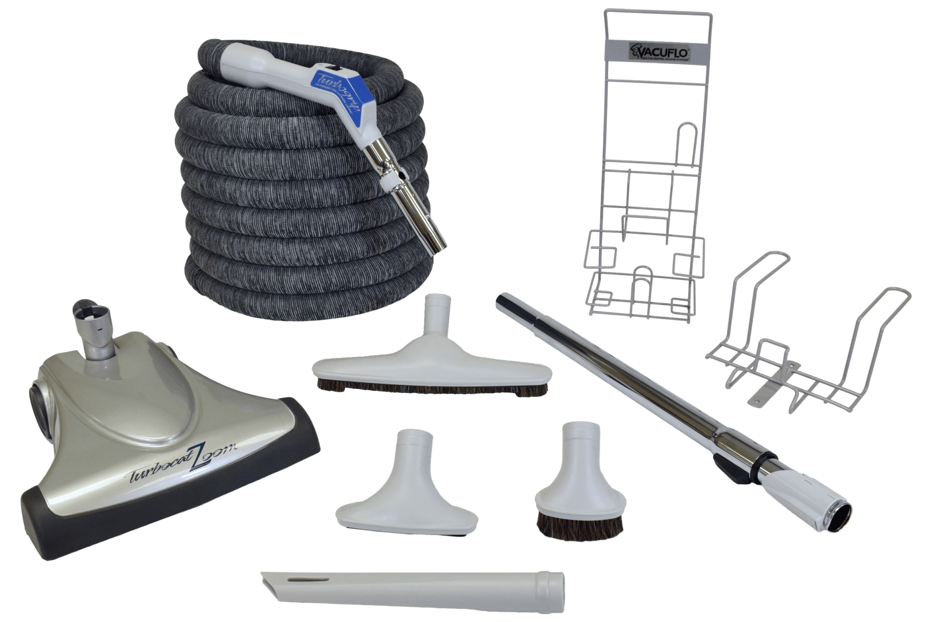 A vacuum cleaner with a hose , brushes , and accessories.