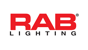 the rab lighting logo is red and black on a white background