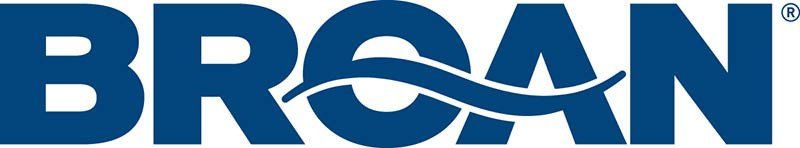 A blue and white logo for broan with a wave in the middle.