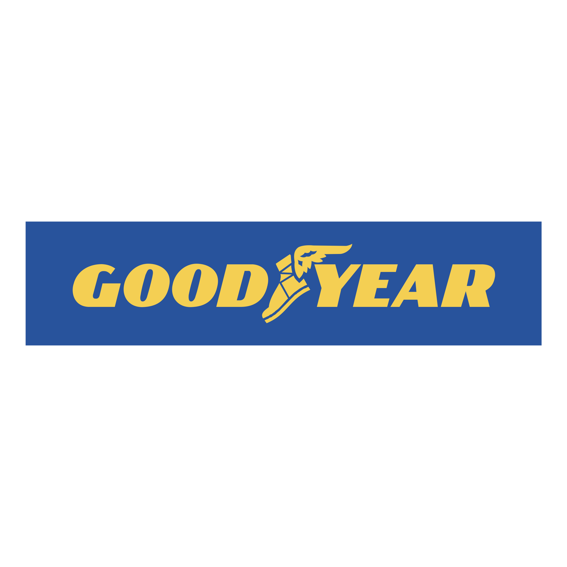 A blue and yellow Good Year logo on a white background