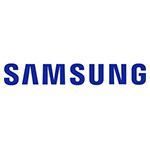 The samsung logo is blue and white on a white background.