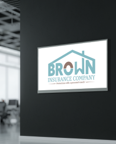 Brown Insurance Company sign on a dark wall in an office interior