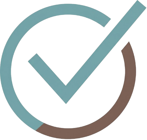 Teal and brown checkmark inside a circular outline