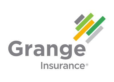 Grange Insurance logo with gray text and green, yellow, and gray diagonal bars