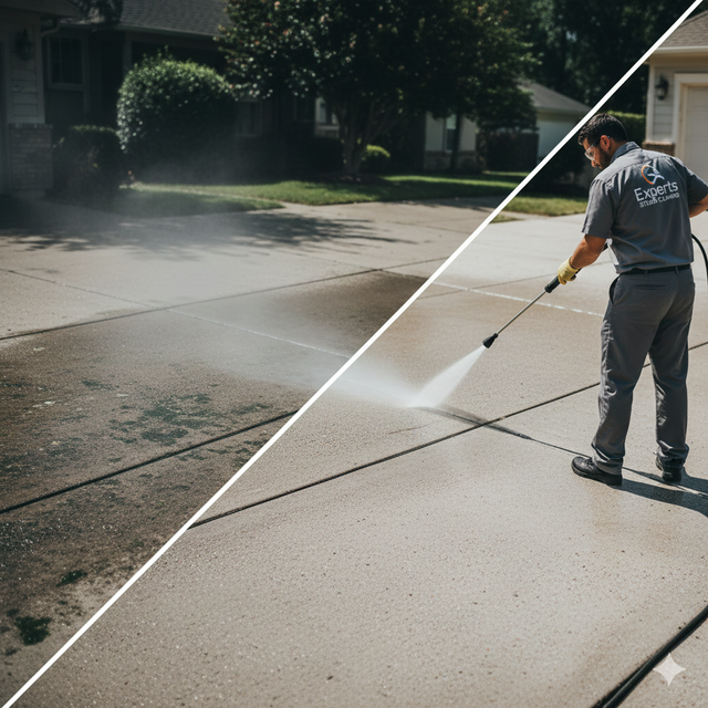 A man pressure washing a driveway; the left side is dirty, the right side is clean.