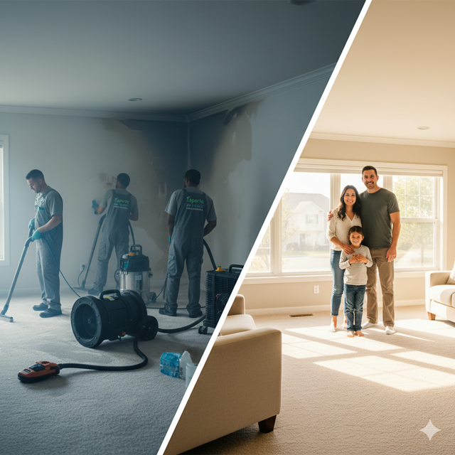 Room restoration split screen. Left side shows workers cleaning smoke damage; right side, 