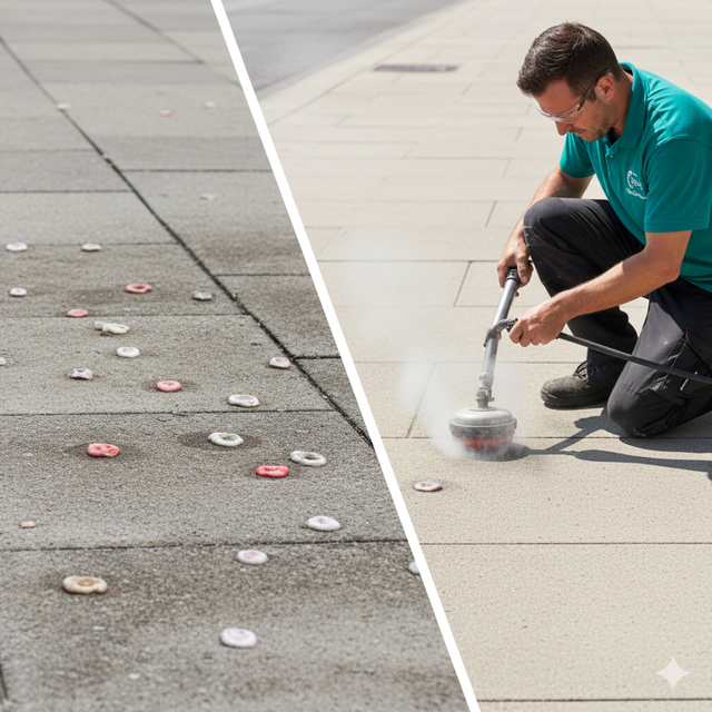 Sidewalk with gum spots being cleaned by a person using a pressure washer.