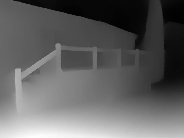 Gray-scale view of a staircase with a railing, fading into a darker background.