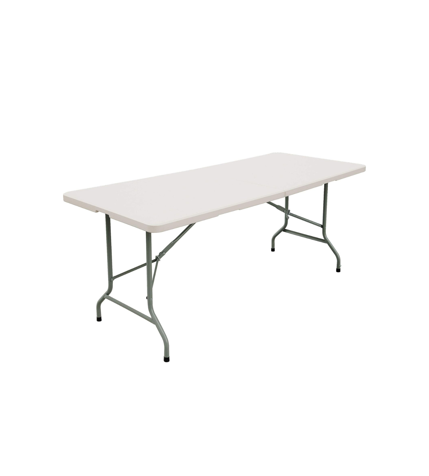 White rectangular folding table with gray metal legs.