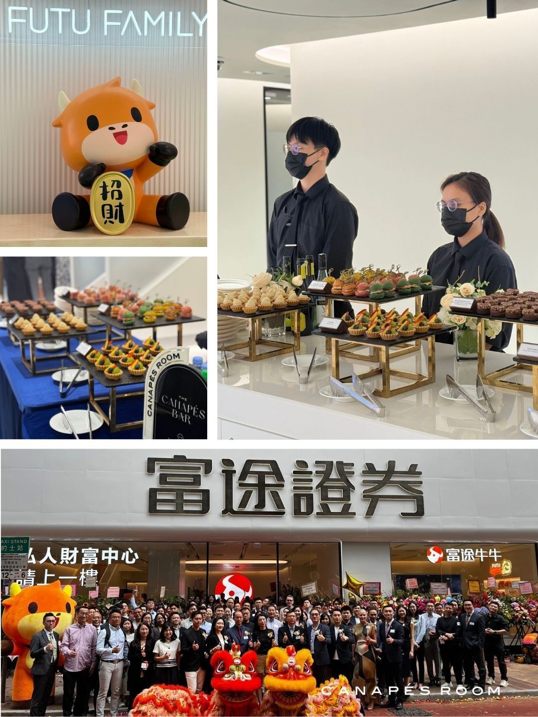 Futu Family event: Group photo with lion dancers outside a building, plus food and staff.