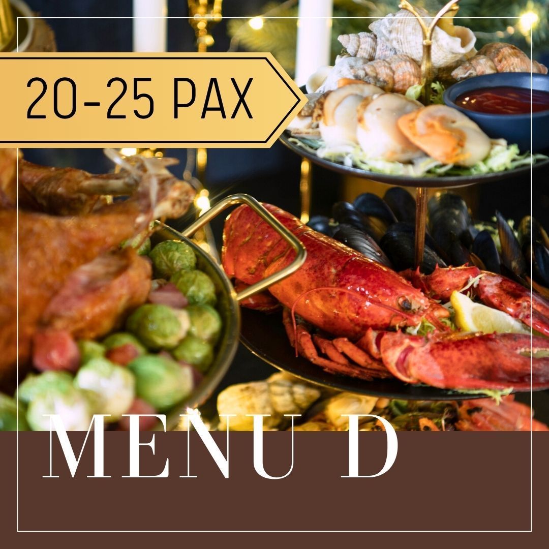 Menu D, food platter with lobster, seafood, and vegetables, for 20-25 people.