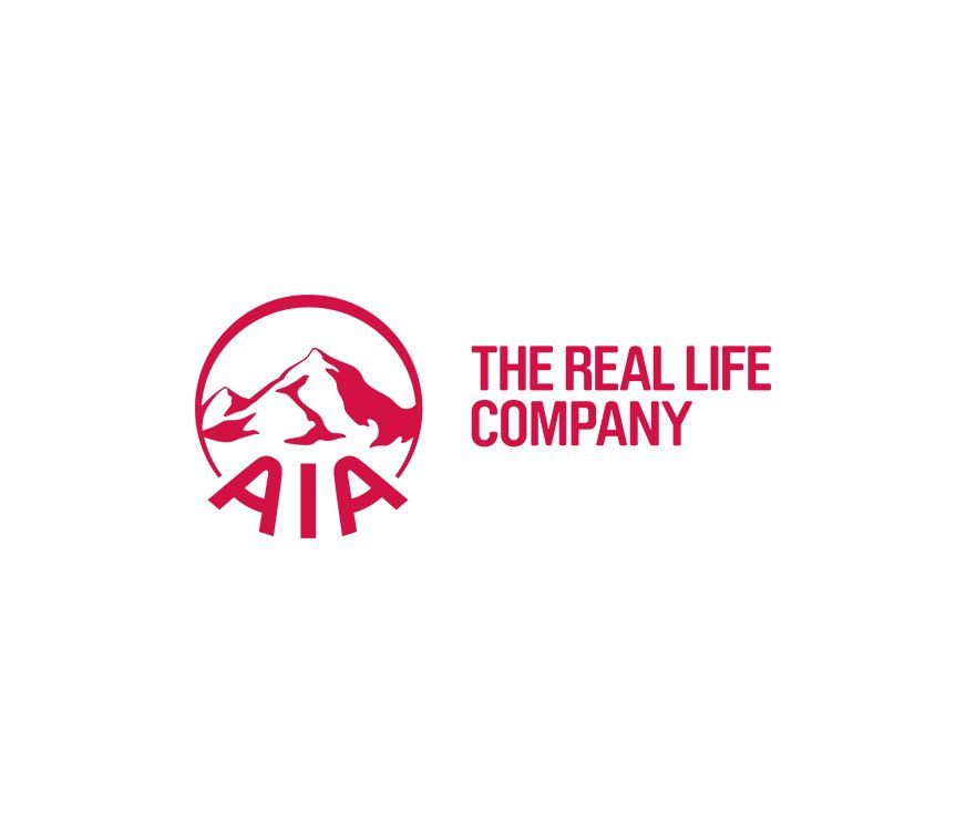 AIA 標誌：圓圈內有紅色山脈，上面有「AIA」和「THE REAL LIFE COMPANY」文字。