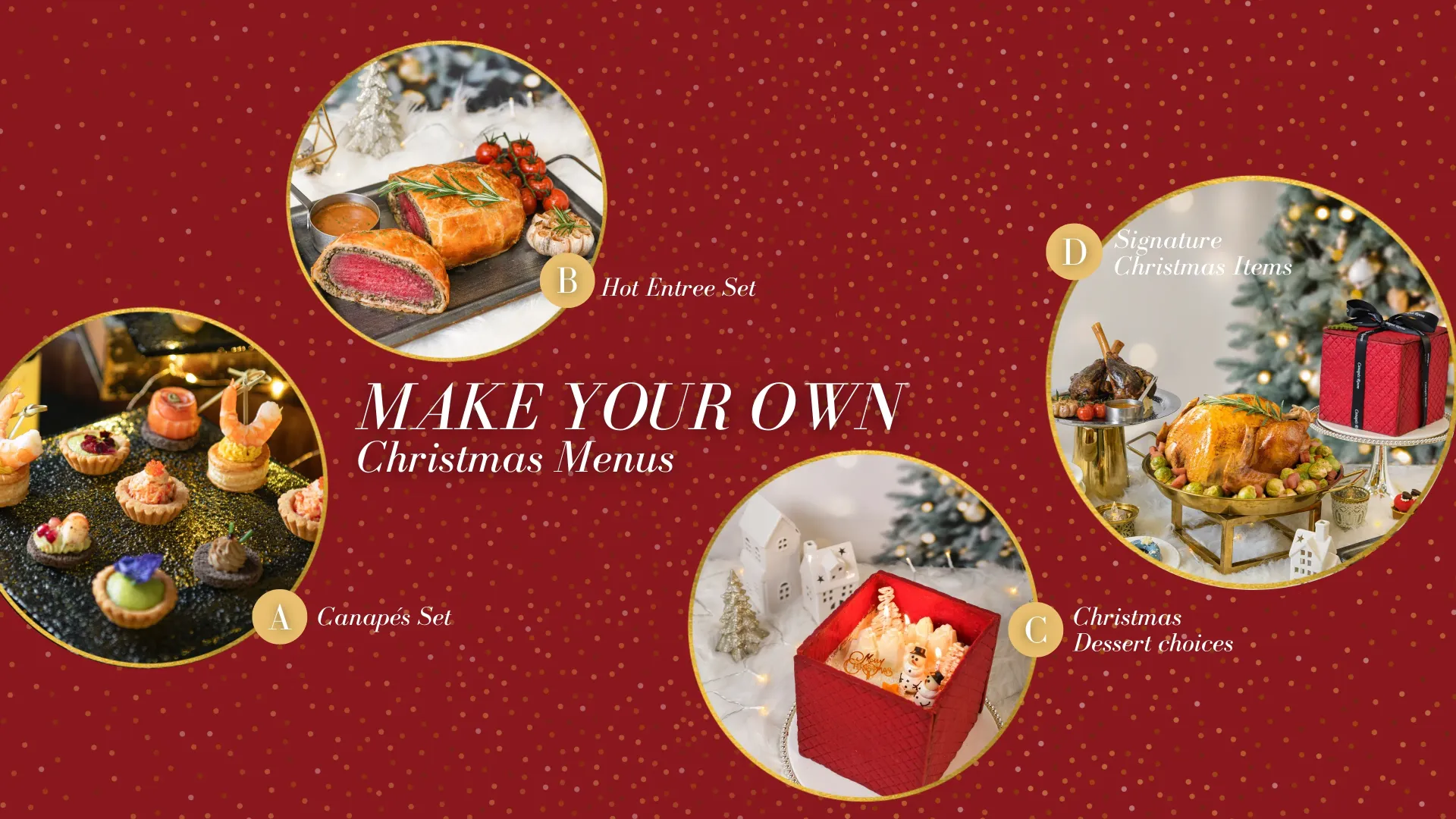 Christmas menu options with food, gifts on red background.