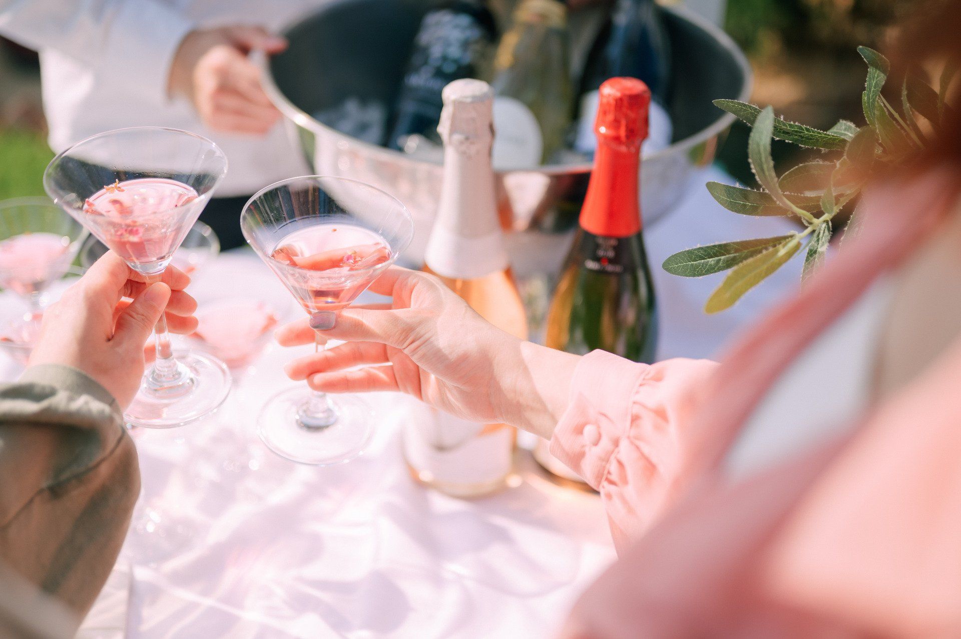 People toasting with pink cocktails near a table with chilled bottles.
