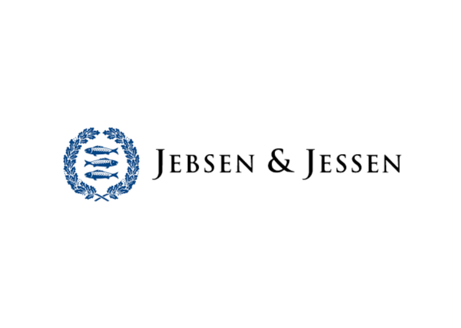 Jebsen & Jessen 標誌：白色背景上有三條魚和文字的藍色徽章。
